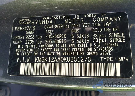 2019 Hyundai Kona Se from USA, damaged, VIN KM8K12AA0KU331273